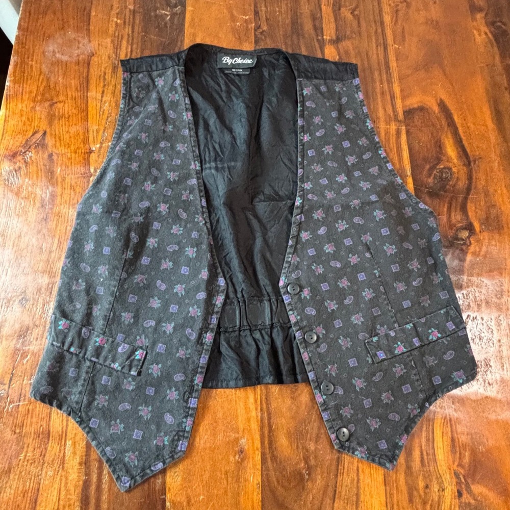 By Choice Vintage 90s Paisley Floral Button‎ Front Vest Black Purple Medium USA